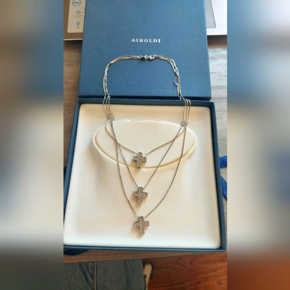 Airoldi Italian Fashion Jewelry.  Sterling Silver Triple Cross Necklace